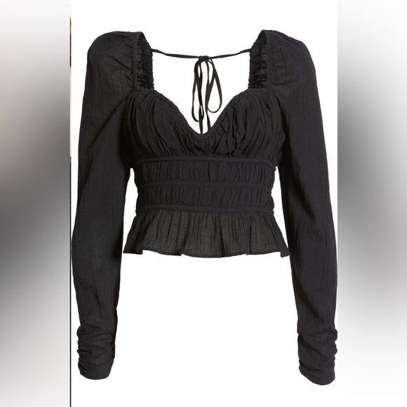 *Last Chance* Free People Chloe Smocked Tie Neck Cotton Top Black 🤍 - Picture 4 of 9